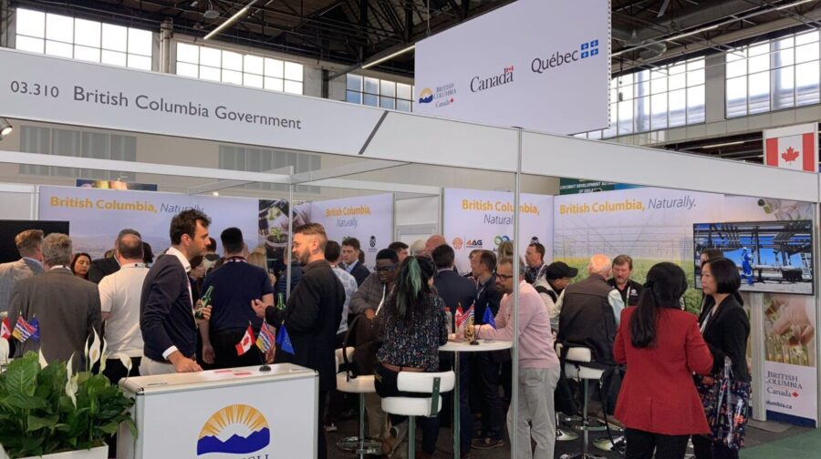 People standing at tables at the Canada pavilion