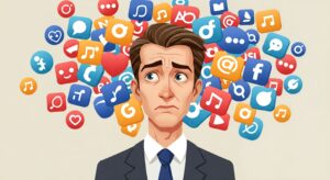 image of a man looking confused with social media symbols floating around his head.
