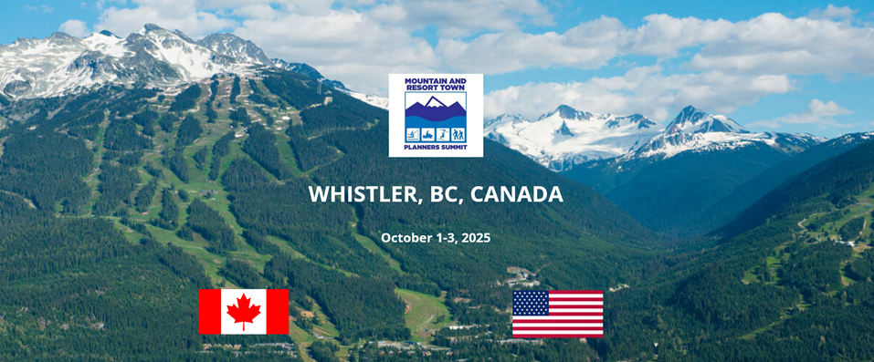 Picture of rocky mountains with the Canadian and USA flags and the dates of the event