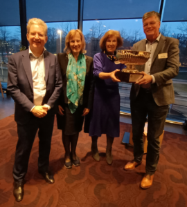 Ambassador Adsett, Ambassador Vonno and NCCC Chair Melanie ter Meulen present the Award to Gerben Cozijnsen from Stigterstaal
